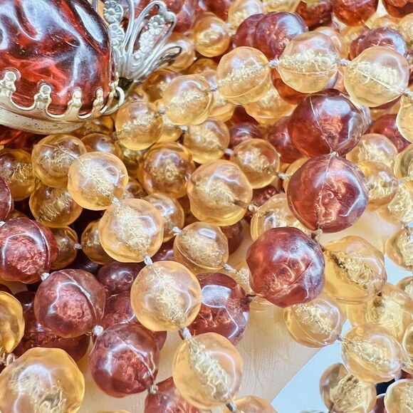 Vintage Chunky Amber Yellow Lucite Multi Strand Beaded Necklace Dome Box Clasp - Picture 12 of 16